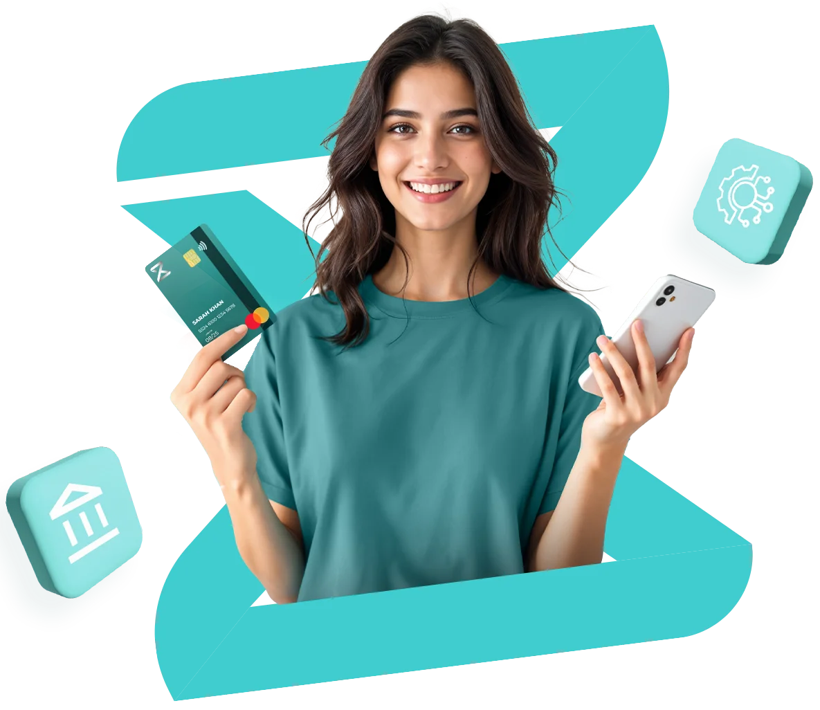 Woman holding a Zindigi debit card and phone