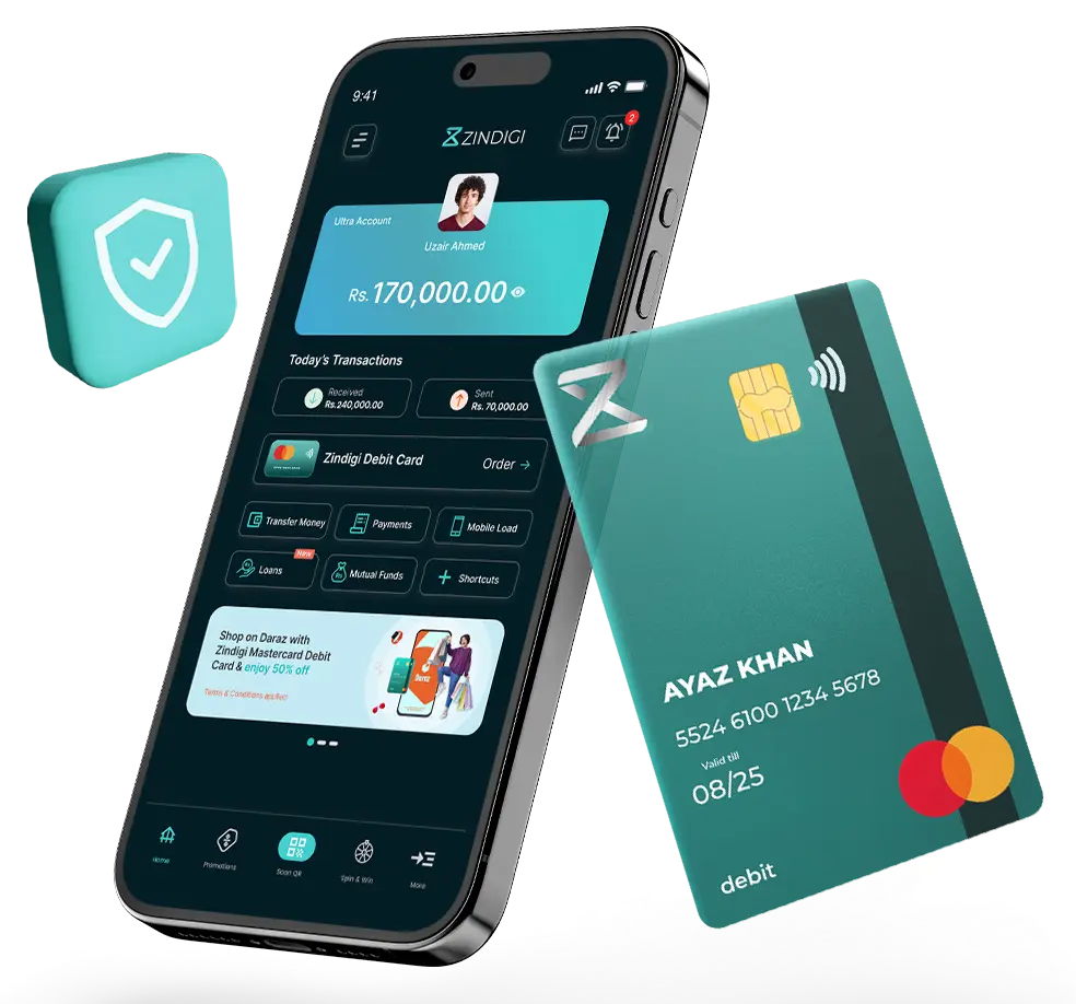 Zindigi app on a smartphone with a Zindigi debit card