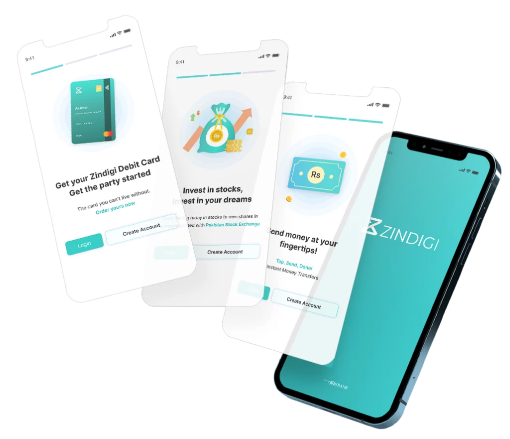 Zindigi app screens for debit card, investments and money transfers